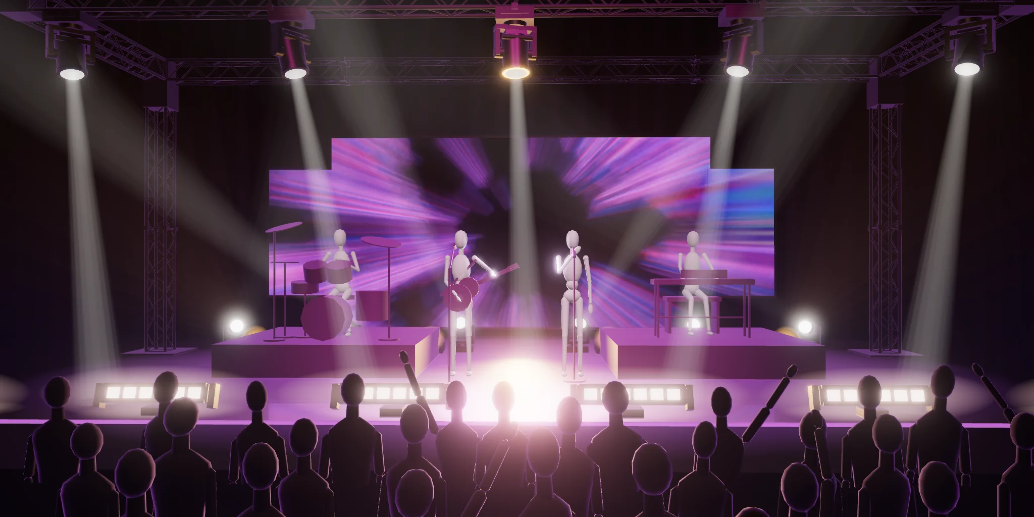 The Main Room stage in the 3D Stage Preview: a band on the risers, a crowd with hands raised and the lighting rig, a purple Crystalline rays loop playing across the center and side walls